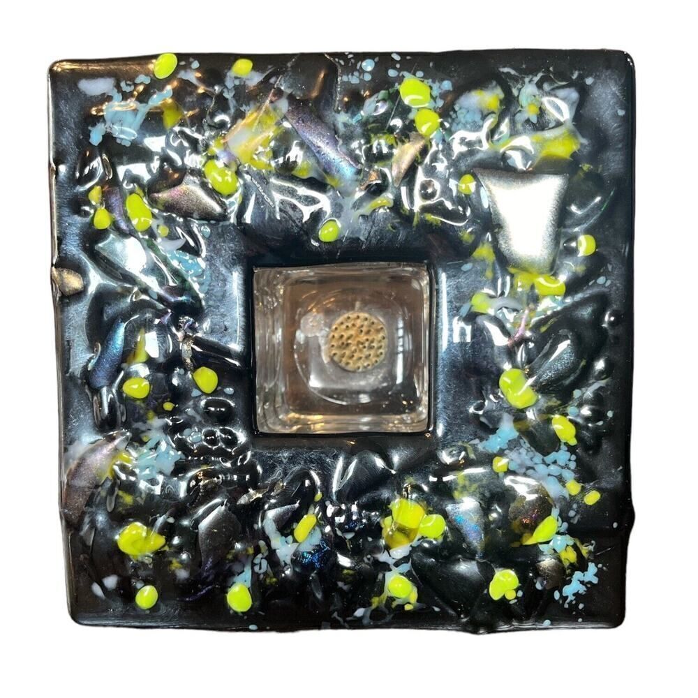 Fused Art Glass Ikebana Flower Vase with Frog Yellow Black Square Geometric 6"